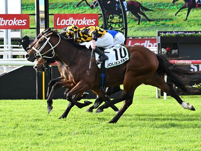 Favourite Joliestar, ridden by James McDonald, wins a thrilling Group 1 Kingsford Smith Cup (1300m) in a photo finish at Eagle Farm on Saturday, June 7, 2025. Picture: Grant Peters, Trackside Photography.