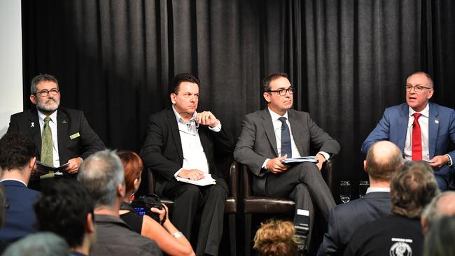 Greens Leader Mark Parnell, SA Best Leader Nick Xenophon, Liberal Leader Steven Marshall and Premier Jay Weaherill at the environment debate. AAP Image/David Mariuz