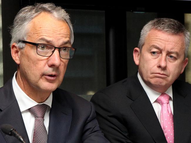 06/05/2016: (L-R) Chief Executive Officer Nicholas Moore and Chief Financial Officer Patrick Upfold at Maquarie Group's annual profit results in Sydney on Friday. The investment bank has delivered its largest ever profit, $2.06 billion in 12 months. Hollie Adams/The Australian