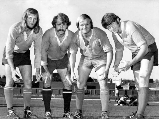 Australia's Wallabies RU players Ray Price (L), Steve Finnane, Peter Horton & Stuart Macdougall at training. Picture: News Limited