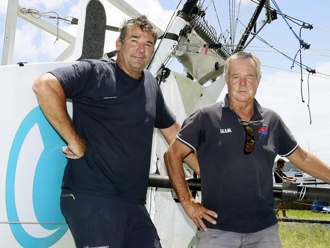 L to R: 18 Foot Sailors David Witt and John Winning at Double Bay. The 18 foot sailing World Championships will be run from Double bay in February. Picture: John Appleyard