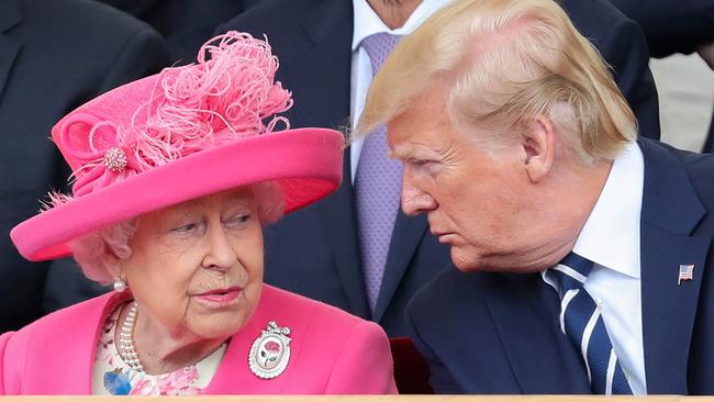 Her late Majesty wore a variety of brooches with coded messages during Mr Trump’s 2019 visit. Picture: Chris Jackson/Pool/AFP