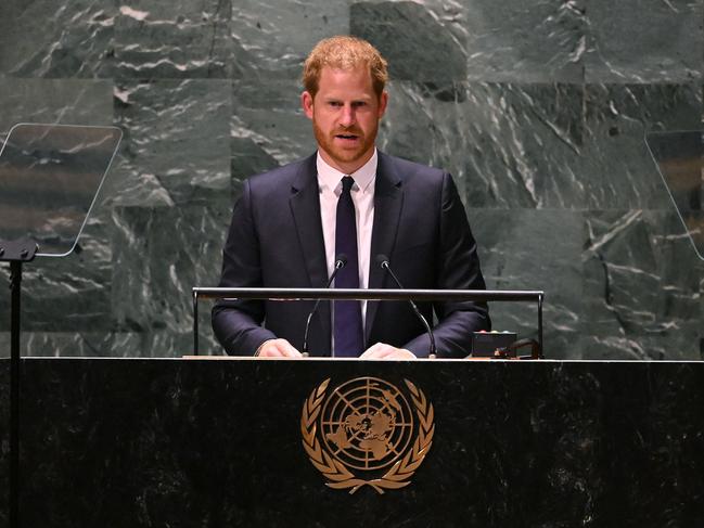 Prince Harry, Duke of Sussex, delivers the keynote address during the UN Nelson Mandela Prize award ceremony. Picture: AFP