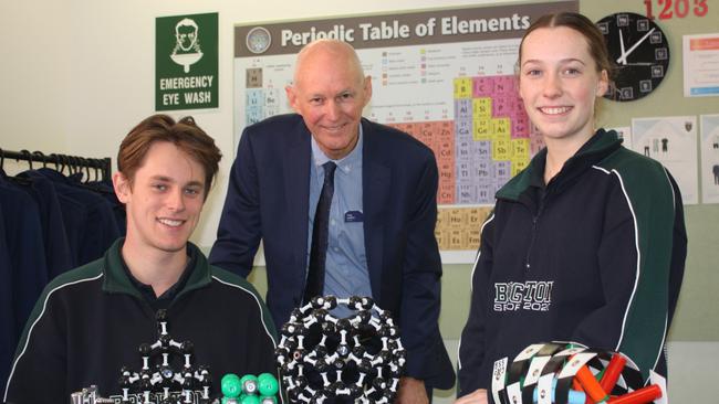 Brighton Secondary School Year 12 student Dash Emerson, principal Tony Lunniss and Year 12 student Ashlyn von Bertouch. Picture: Chris Russell