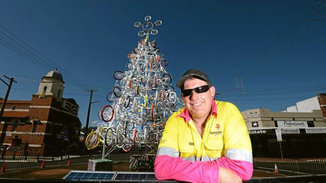 Dan Kubelka, Fabrication and sign Shop Supervisor at Lismore City Council, with their gift to the people of Lismore, a recycled Christmas Tree.Photo Cathy Adams / The Northern Star. Picture: Cathy Adams