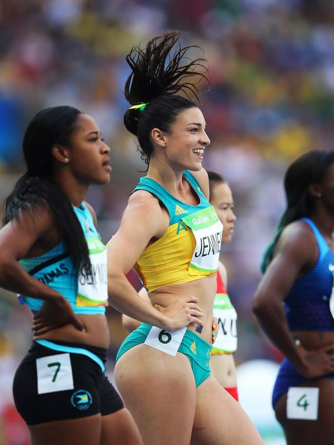 Michelle Jenneke gets into her pre-race routine in Round 1 of Women's 100m Hurdles during Athletics on Day 11 at the Rio 2016 Olympic Games. Picture: Phil Hillyard