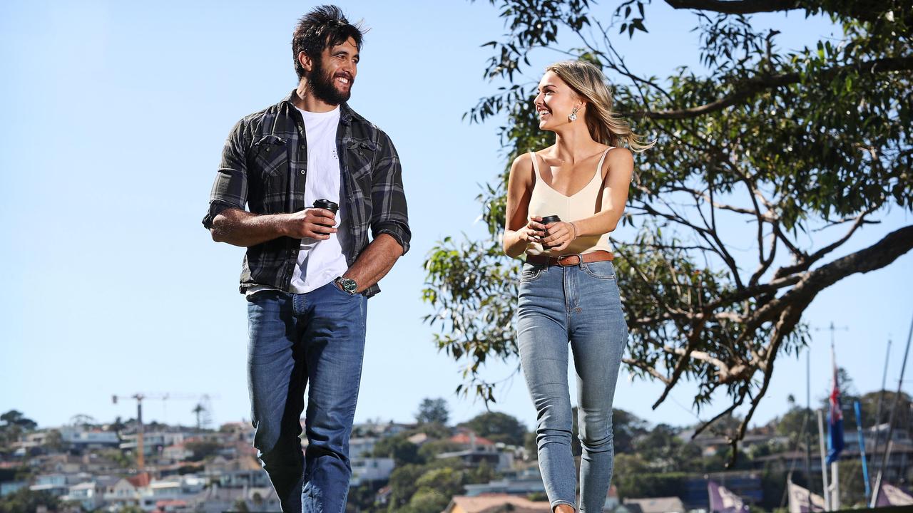 Home And Away actors Sam Frost and Ethan Browne in Rose Bay. Picture: Tim Hunter.