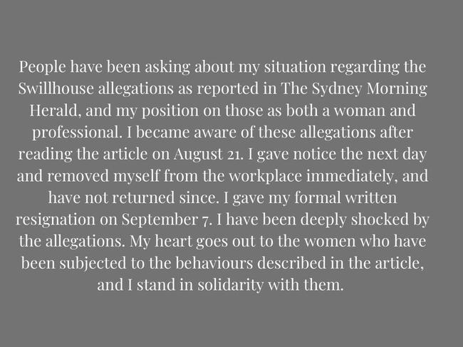 Rigby said in a statement on Instagram announcing her departure that she had been ‘deeply shocked by the allegations’. Picture: Instagram