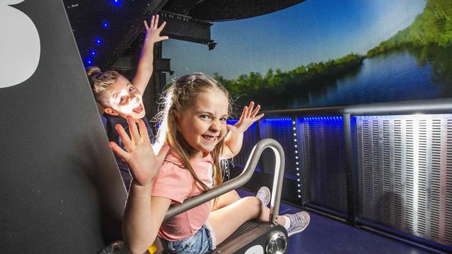 Lola and Hugo Lange on Dreamworld's new Sky Voyager ride. Picture: Nigel Hallett