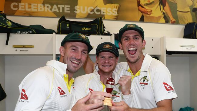 PERTH, AUSTRALIA - DECEMBER 18:  Shaun Marsh, Steve Smith and Mitch Marsh of Australia celebrate in the changerooms after Australia regained the Ashes during day five of the Third Test match during the 2017/18 Ashes Series between Australia and England at WACA on December 18, 2017 in Perth, Australia.  (Photo by Ryan Pierse/Getty Images)