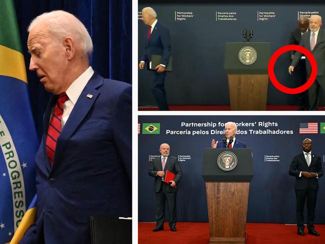 US President Joe Biden bumps into the Brazilian flag as he arrives to launch the Partnership for Workersâ Rights, on the sidelines of the 78th United Nations General Assembly in New York City on September 20, 2023. (Photo by Jim WATSON / AFP)