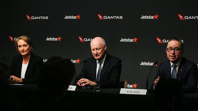 Qantas’ new chief executive Vanessa Hudson, chairman Richard Goyder and Alan Joyce earlier this year.