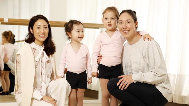 Haein Wyzenbeek with daughter Naomi and Loren Seager with daughter Emily at Le Petit Ballet in Northbridge. Picture: Tim Hunter.