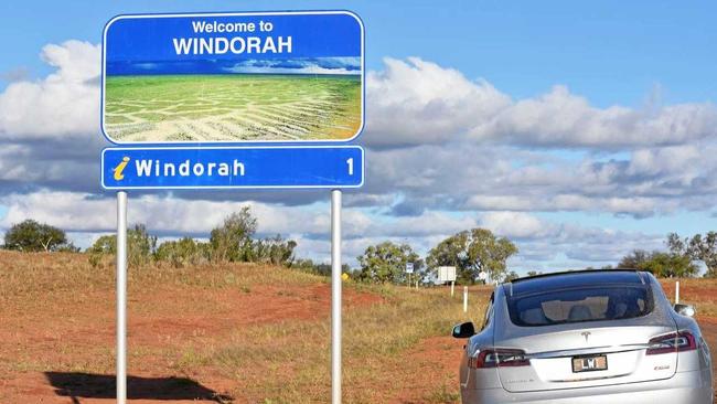 Tesla Model S in Windorah, on Keith and Lesley Wein's return trip through the outback. They are heading back home to Melbourne. Picture: Keith and Lesley Wein