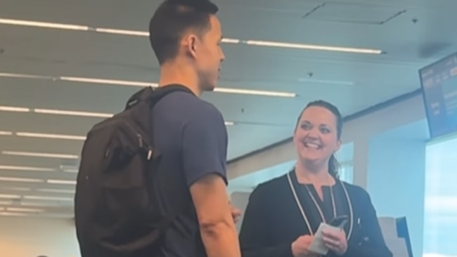 Sneaky dad tries it on with airport staff before boarding plane. Source: Instagram