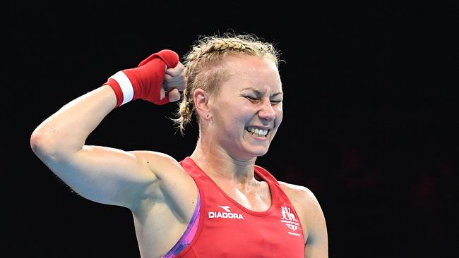 Anja Stridsman reacts after defeating Paige Murney of England in the women’s 60kg boxing final. Picture: AAP Image/Dave Hunt