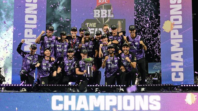 HOBART, AUSTRALIA - JANUARY 27: Hurricanes celebrate winning the BBL The Final match between Hobart Hurricanes and Sydney Thunder at Ninja Stadium on January 27, 2025 in Hobart, Australia. (Photo by Steve Bell/Getty Images)