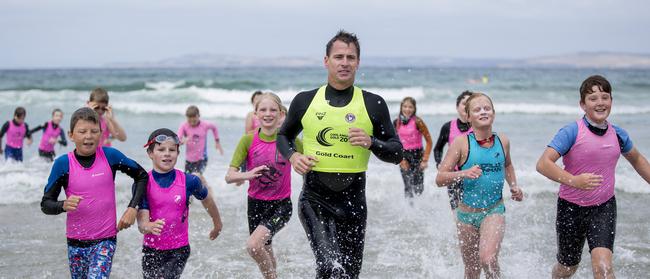 Australian Iron Man legend Shannon Eckstein conducts junior training at Carlton Beach Surf Life Saving Club Picture: EDDIE SAFARIK