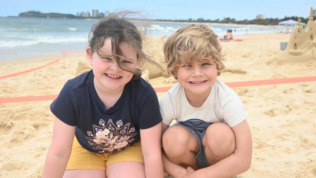 Evie, 8, and Oscar Cannell, 5, at the Mooloolaba Foreshore Festival. Picture: Tegan Annett