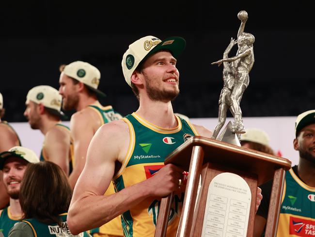 MELBOURNE, AUSTRALIA - MARCH 31: Clint Steindl (c) of the JackJumpers look on with the trophy after JackJumpers win game five of the NBL Championship Grand Final Series between Melbourne United and Tasmania JackJumpers at John Cain Arena, on March 31, 2024, in Melbourne, Australia. (Photo by Kelly Defina/Getty Images)