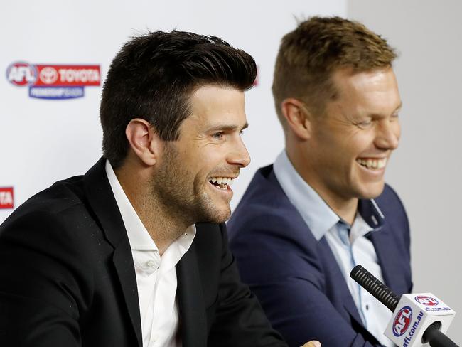 MELBOURNE, AUSTRALIA - NOVEMBER 17: Trent Cotchin of the Tigers and Sam Mitchell of the Eagles address the media during a joint press conference after being awarded the 2012 Brownlow Medal at AFL House on November 17, 2016 in Melbourne, Australia. (Photo by Adam Trafford/AFL Media/Getty Images)