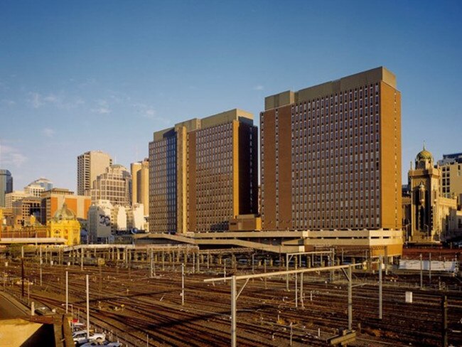 Ugly and uglier. The twin Gas and Fuel Corporation towers that were erected on the Federation Square site in the 1960s. Picture: HWT Library.