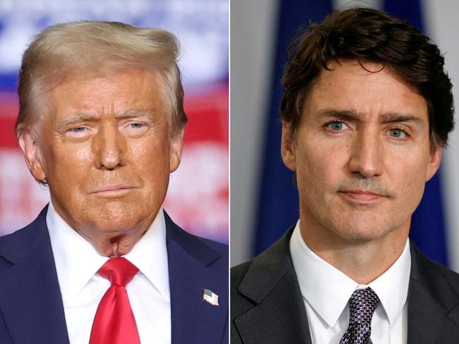 (FILES) (COMBO) This combination of pictures created on November 29, 2024 shows former US President and Republican presidential candidate Donald Trump (L) looking on during a campaign rally at PPG Paints Arena in Pittsburgh, Pennsylvania on November 4, 2024 and Canadian Prime Minister Justin Trudeau looking on during a press conference with French President Emmanuel Macron in Montreal, Canada, on September 26, 2024. US President-elect Donald Trump on December 10, 2024 mocked Canada's Justin Trudeau as the "governor" of a state, rather than prime minister of the giant US neighbor. (Photo by CHARLY TRIBALLEAU and Ludovic MARIN / AFP)