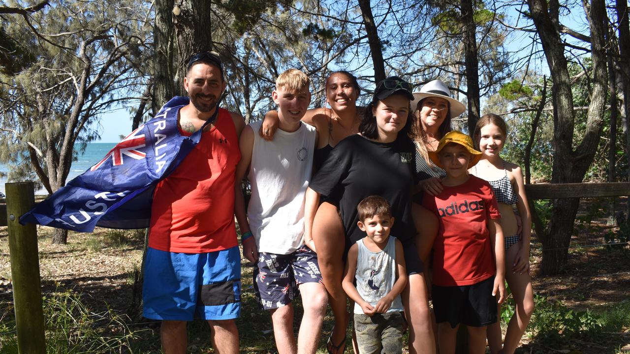 (L) Roy Treccase, Geno Hodge, Phoebe Schram, Hanna Lobegeiger, Mandy Mynard, Daisy Mynard, Rocko Treccase and Dom Schram enjoy Australia Day along the Hervey Bay Esplanade. Photo: Stuart Fast