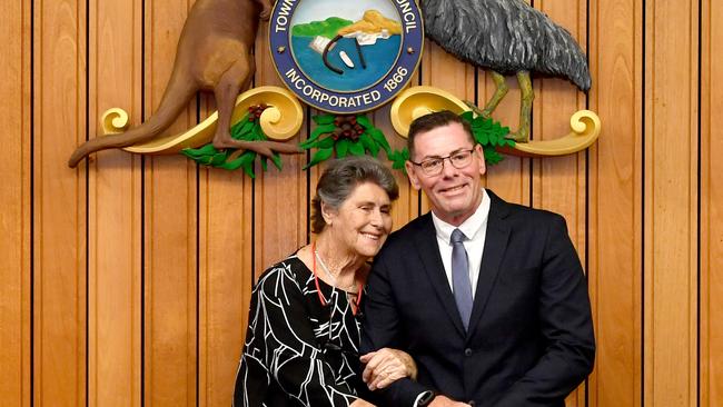 New Townsville City Council Mayor Troy Thompson with his mother Jan Thompson at the council chambers when the new councillors were sworn in. Picture: Evan Morgan