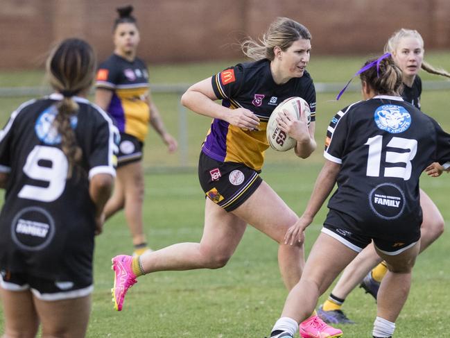 Gatton captain Kimberley Dore on the move against Oakey in TRL President's Cup A-grade women's rugby league at Clive Berghofer Stadium, Saturday, July 1, 2023. Picture: Kevin Farmer