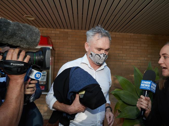 Fronting the media scrum, Thomson leaves Gosford Police Station. Picture: NCA NewsWire / David Swift