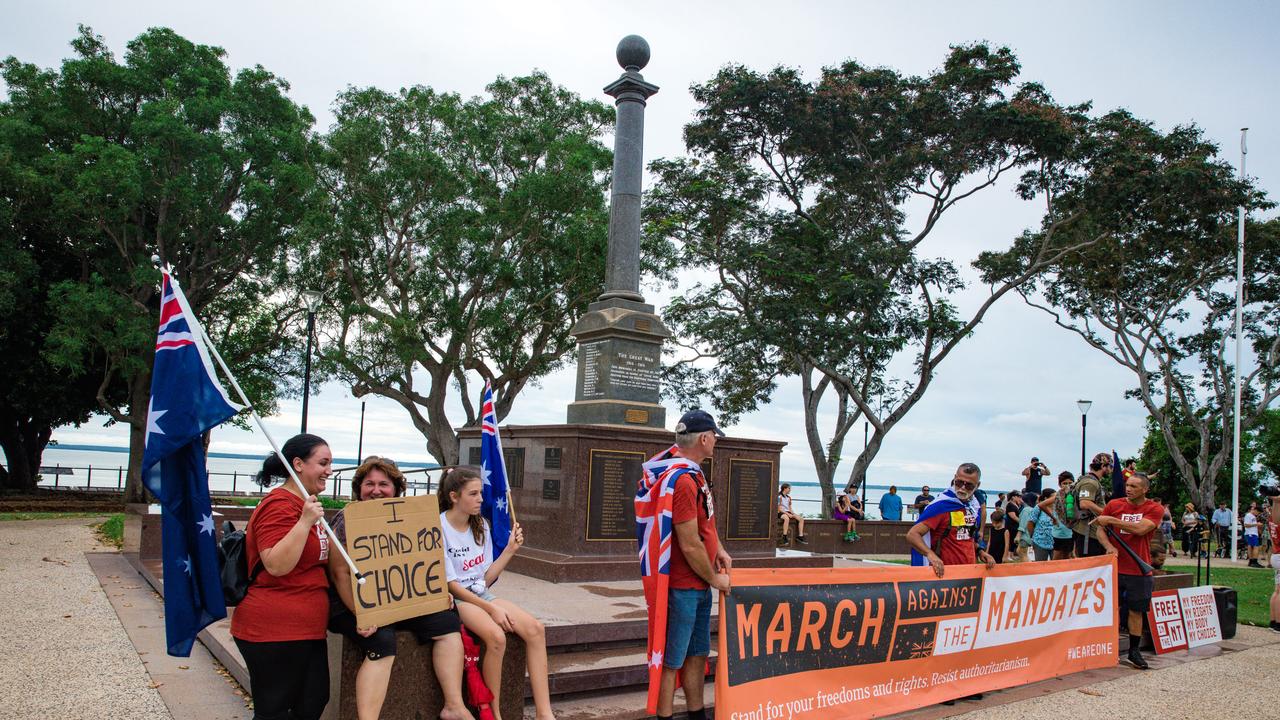 Protesters congregate at the Cenotaph at a Free in the NT march in Darwin. Picture: Glenn Campbell