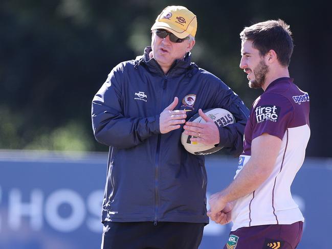 Anthony Griffin talks with Ben Hunt when both were at the Broncos. Picture: Jono Searle