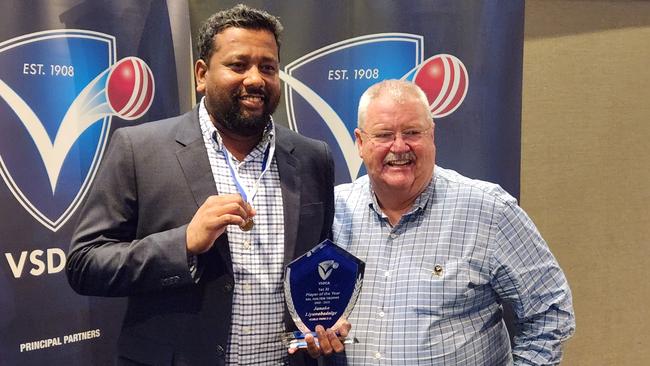 Janaka Liyanabadalge with Noble Park president Craig Ortland.