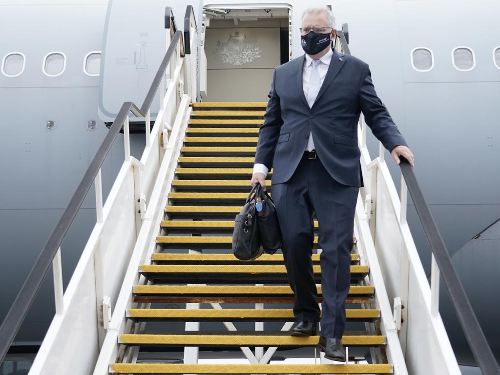 Prime Minister Scott Morrison arrives back in Sydney after attending the UN Climate Change Summit GOP26 in Glasgow. Picture: Adam Taylor/PMO