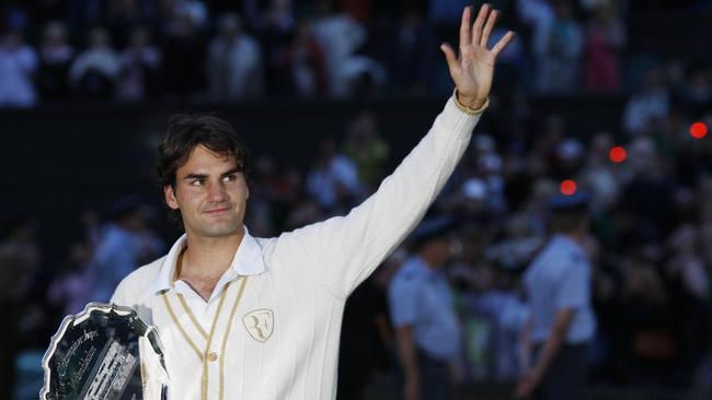 The white uniform of Wimbledon so appropriate for Roger Federer, ‘like a Hollywood icon, so graceful and not really of this world’. Picture: Adrian Dennis/AFP