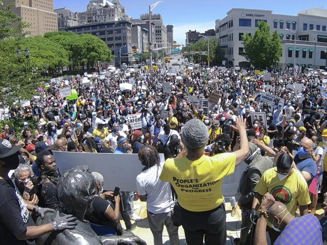 A rally and march by People's Organisation Progress is held to protest the death of George Floyd, in Newark, New Jersey. Picture: AP