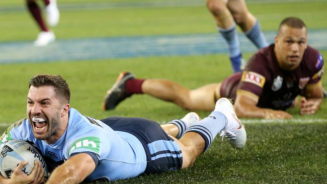 NRL State of Origin. 06/06/2018. NSW Blues vs QLD Maroons at the MCG. New South WalesÕ James Tedesco scores the opening try for NSW . Pic: Michael Klein