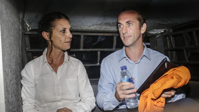 Australian Sara Connor and her British boyfriend David Taylor after her trial at Denpasar Court in Denpasar. Picture: AAP