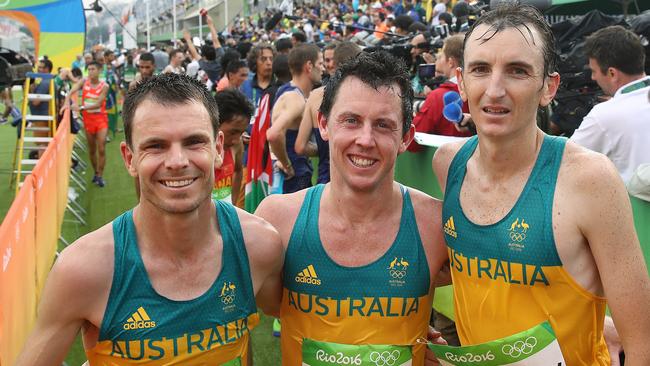 Australia's Scott Westcott, Liam Adams and Michael Shelley after the men’s marathon in Rio.