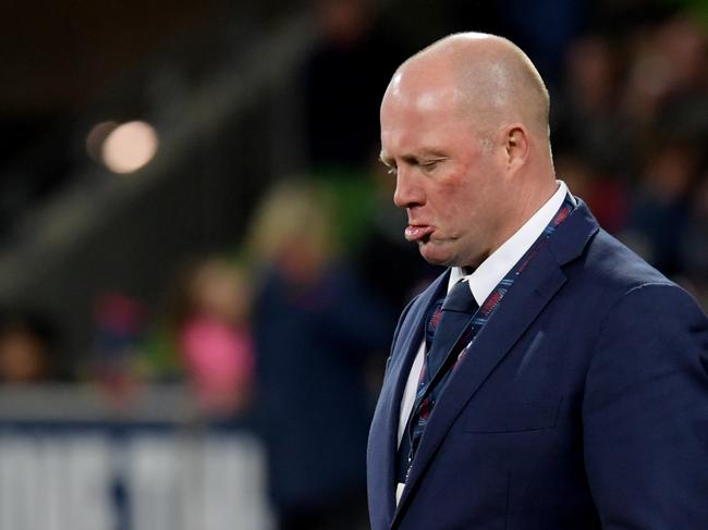 Coach Tony McGahan of the Rebels watches the warmup before the Round 14 Super Rugby match between the Melbourne Rebels and the Crusaders at AAMI Park in Melbourne, Saturday, May 27, 2017. (AAP Image/Tracey Nearmy) NO ARCHIVING, EDITORIAL USE ONLY