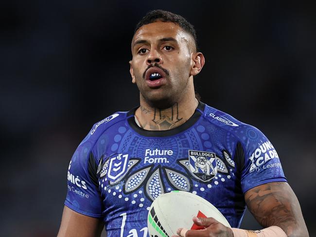 SYDNEY, AUSTRALIA - MAY 23:  Josh Addo-Carr of the Bulldogs warms up ahead of the round 12 NRL match between Canterbury Bulldogs and St George Illawarra Dragons at Accor Stadium on May 23, 2024, in Sydney, Australia. (Photo by Cameron Spencer/Getty Images)