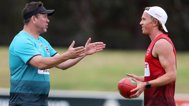 St Kilda Coach Brett Ratten talks with Jack Bytel at training. Picture: Michael Klein