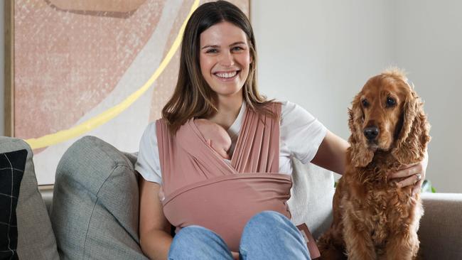 Kylie Palmer with daughter Stella and dog Charlie. Picture: Russell Millard