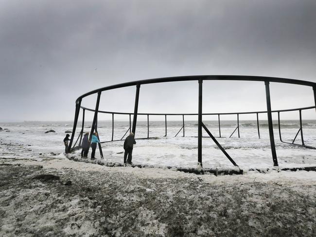 A salmon farm pen, washed up in Taroona during the flood. Picture: MATHEW FARRELL