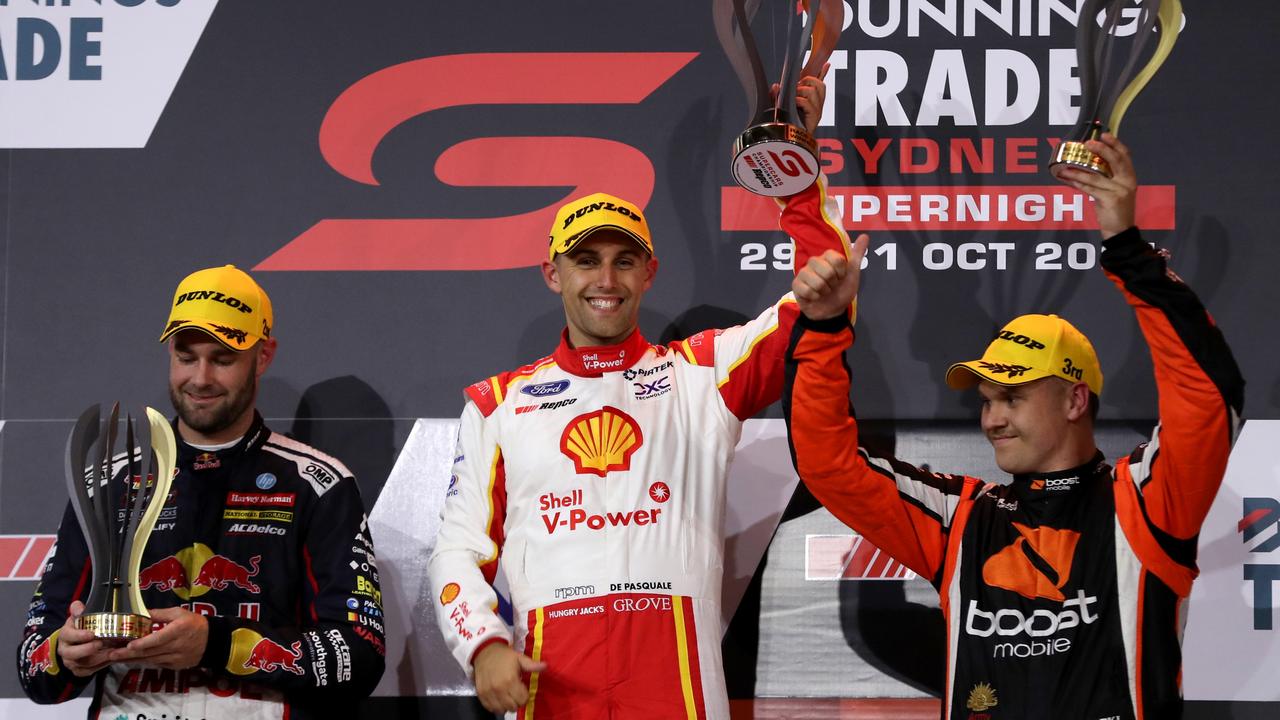 Anton De Pasquale shares the podium with Shane van Gisbergen and Brodie Kostecki. Picture: Getty Images