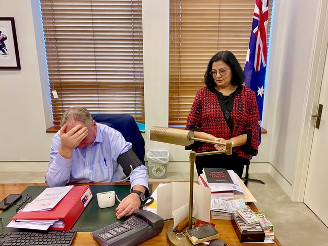 Nationals MP Barnaby Joyce has his blood pressure checked as part of the TV show Australia's Sleep Revolution with Dr Michael Mosley in 2023, with Associate Professor Sutapa Mukherjee on the last sitting day of parliament. Picture: Katherine Barrett