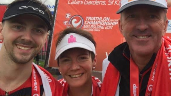 Supplied copy pictures of Constable Josh Prestney who was among four police officers killed on the Eastern Freeway on April 22 2020.  Constable Josh Prestney (left) with parents Belinda and Andrew and brother Alex at the 2017 Challenge Melbourne triathlon event.