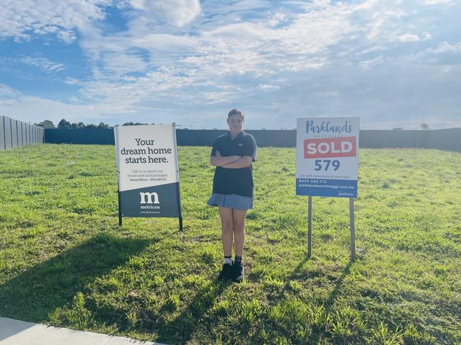 Ms Rinaldi's 12-year-old daughter, Marisa, was upset for her family after hearing about the EAO, where their dream home has been "shelved" by Metricon Homes. Picture: Jack Colantuono