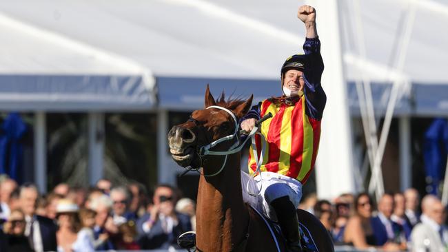 James McDonald on Nature Strip salutes after winning last year’s The Everest at Royal Randwick. Picture: Mark Evans/Getty Images